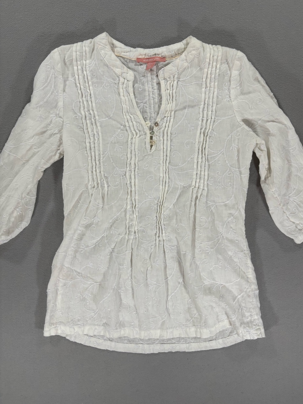 Marina Luna White Embroidered Button-Up Top linen L